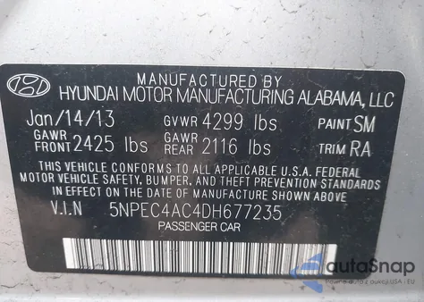 2013 Hyundai Sonata Se из США, поврежденный, VIN 5NPEC4AC4DH677235